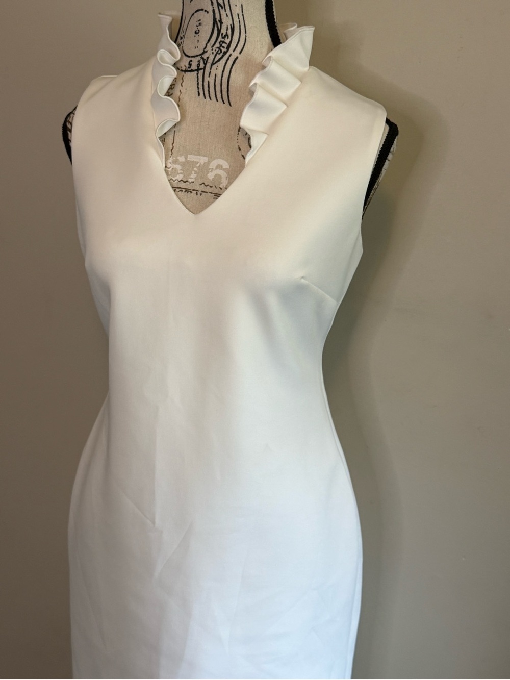 NWT - Calvin Klein Cream Sleeveless Midi Dress with Ruffle V-Neck - Size 4 - Picture 3 of 8